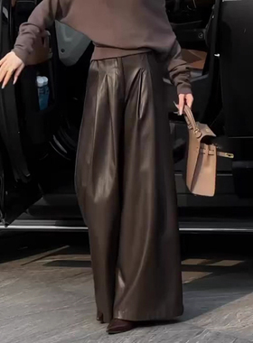 欧货高端定制棕色大码阔腿pu皮裤女2025冬季新款加厚轻熟风休闲裤