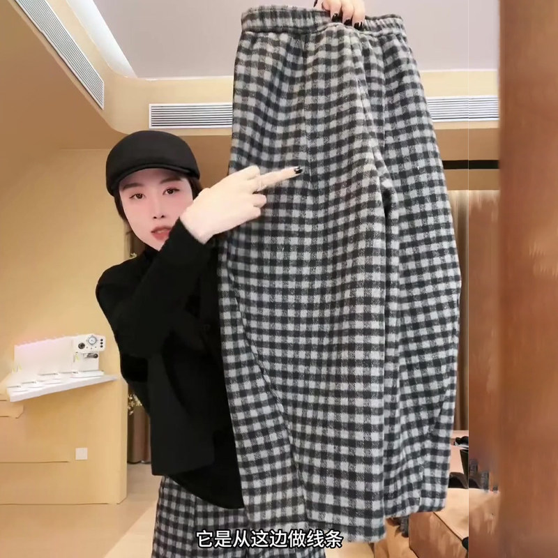 韩系黑白撞色格子阔腿休闲裤