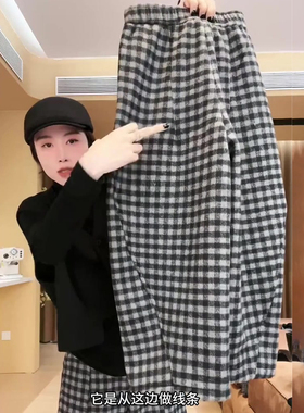 高定黑白撞色格子阔腿休闲裤女2025冬季新款胖妹妹显高香蕉弯刀裤