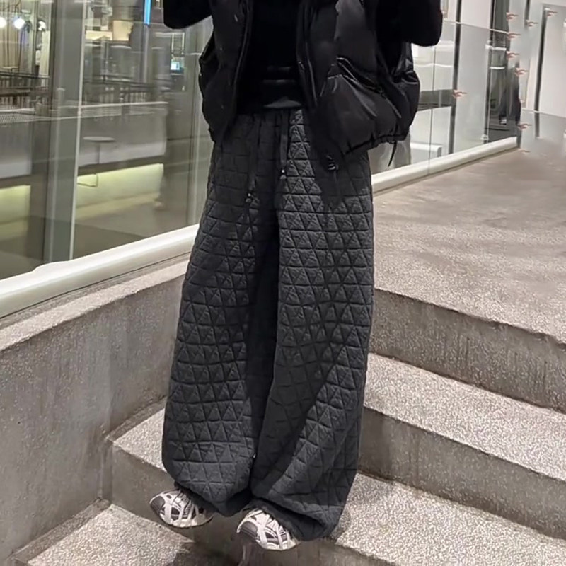 高端定制灰色菱格夹棉大码阔腿裤