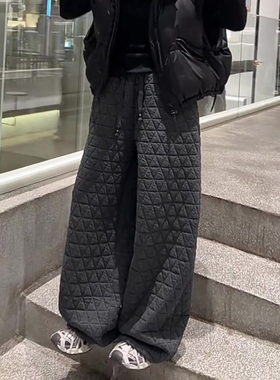 高端定制灰色菱格夹棉大码阔腿裤女2025冬季新款加厚慵懒风弯刀裤