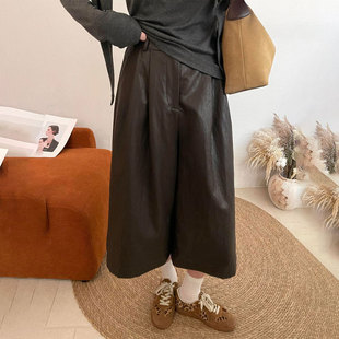 宽松直筒休闲裤 高端定制咖色大码 新款 女2025秋季 子 八分阔腿皮裤