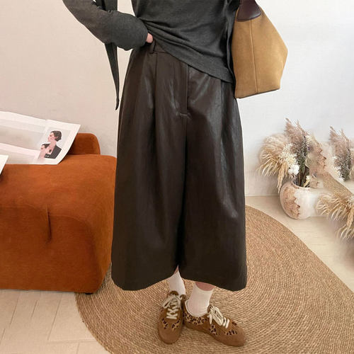 高端定制咖色大码八分阔腿皮裤女