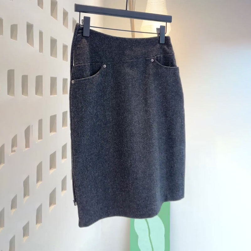 欧货灰色不规则羊毛大码半身裙女