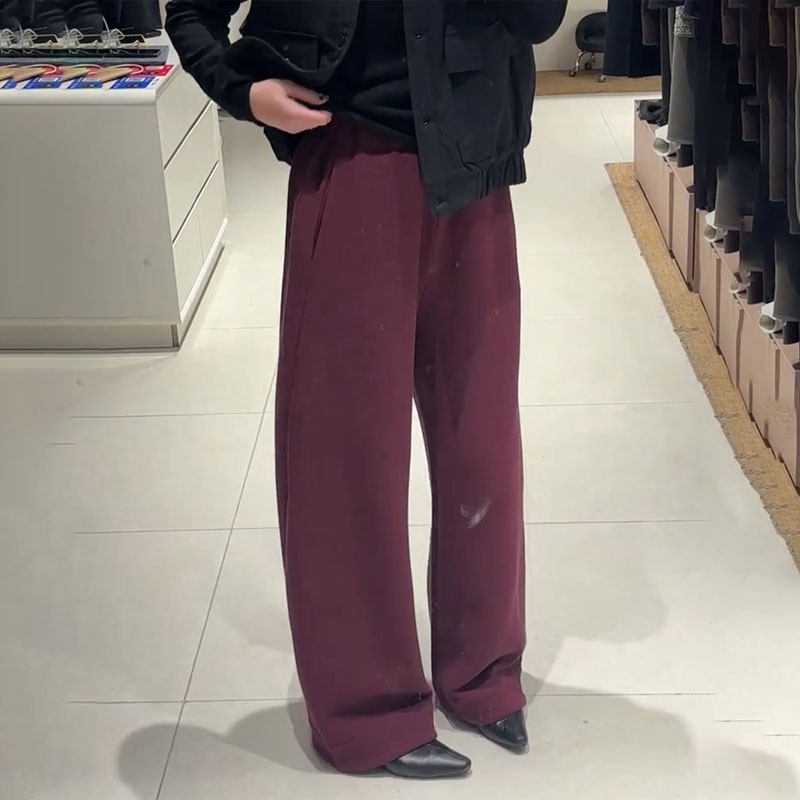 欧货高端定制酒红色大码阔腿裤女