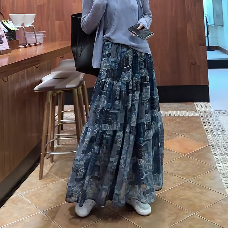 欧货正品蓝色复古印花设计半身裙