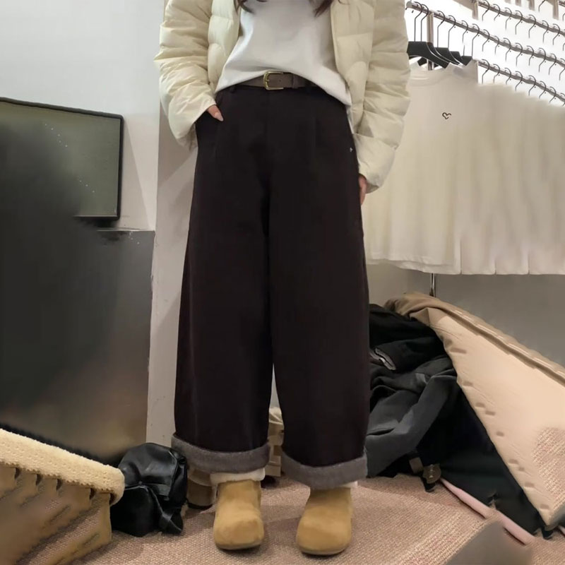 高端定制棕色卷边大码阔腿裤女