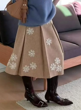 欧货高端定制黄色压褶花朵大码半身裙女2025冬季新款加厚A字裙子