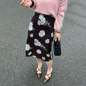 欧货高端定制大码 黑色印花半身裙女2025秋冬新款 加厚气质中长裙子