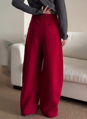 欧货高端定制红色毛呢大码阔腿裤女2026早春新款高腰慵懒风弯刀裤