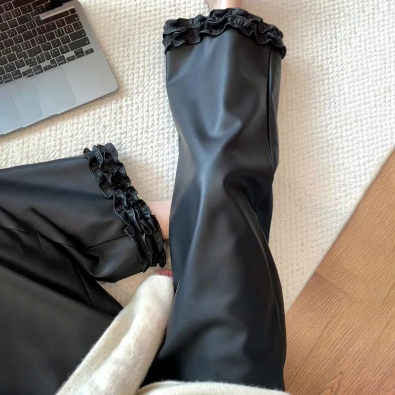 欧货高端定制黑色大码阔腿皮裤女