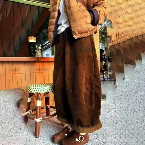 高端定制咖色灯芯绒大码阔腿裤女