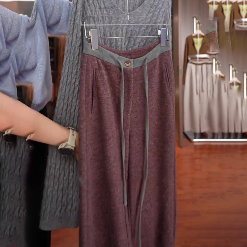 高端定制酒红色毛呢大码阔腿裤女