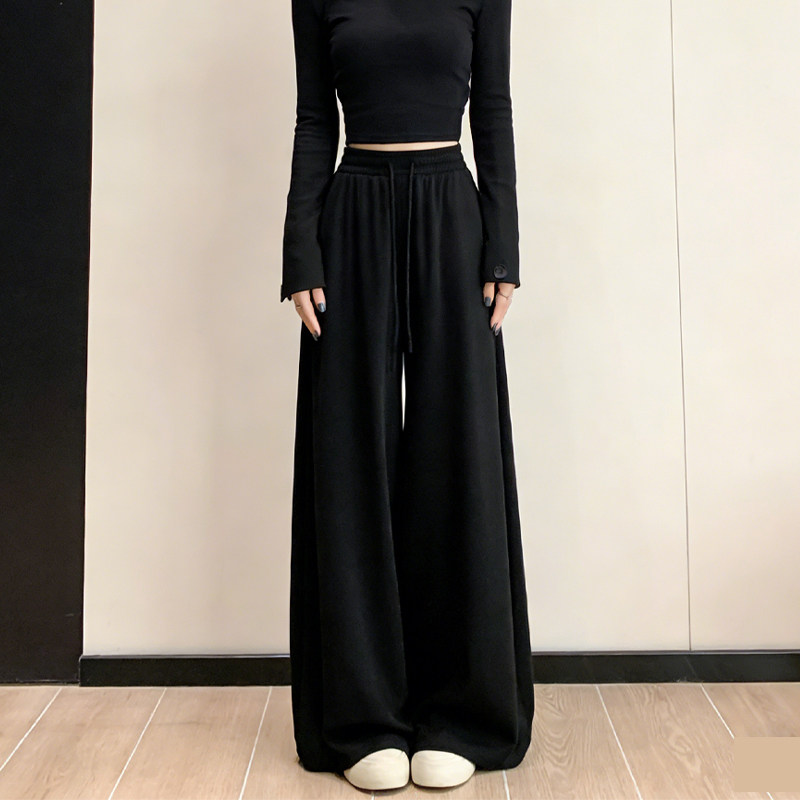 欧货高端定制黑色毛呢大码阔腿裤女2026早春新款抽绳慵懒风休闲裤,女装/女士精品,大码裤装,淘宝优惠券,粉丝福利购,淘宝优惠卷