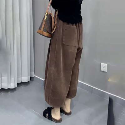 高端咖色大码灯芯绒九分阔腿裤女