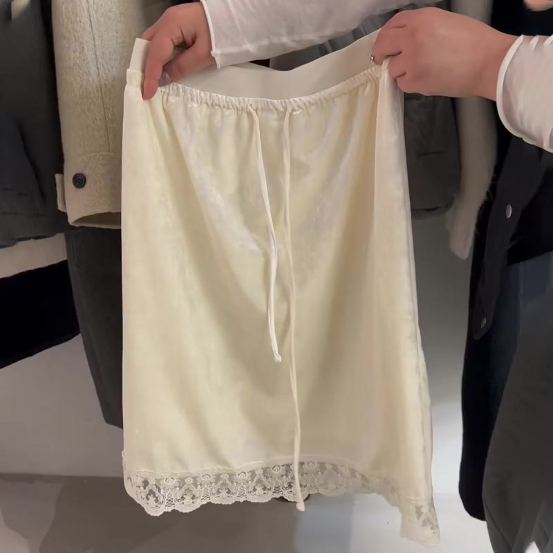 高端定制奶杏色蕾丝边大码半身裙