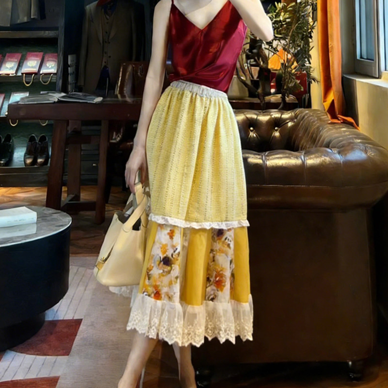 欧货高端定制鹅黄色大码半身裙女2026早春新款复古风蕾丝边大摆裙,女装/女士精品,大码半身裙,淘宝优惠券,粉丝福利购,淘宝优惠卷