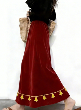 欧货高端定制红色丝绒大码半身裙女2025冬季新款加厚铃铛A字裙子