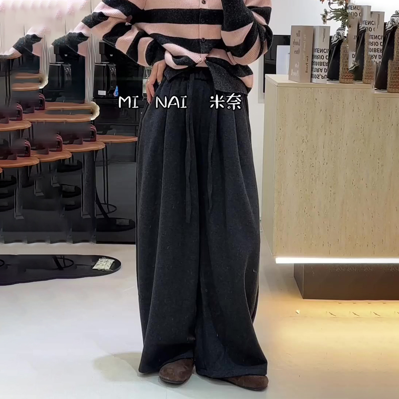 欧货高端定制深灰色毛呢阔腿裤女