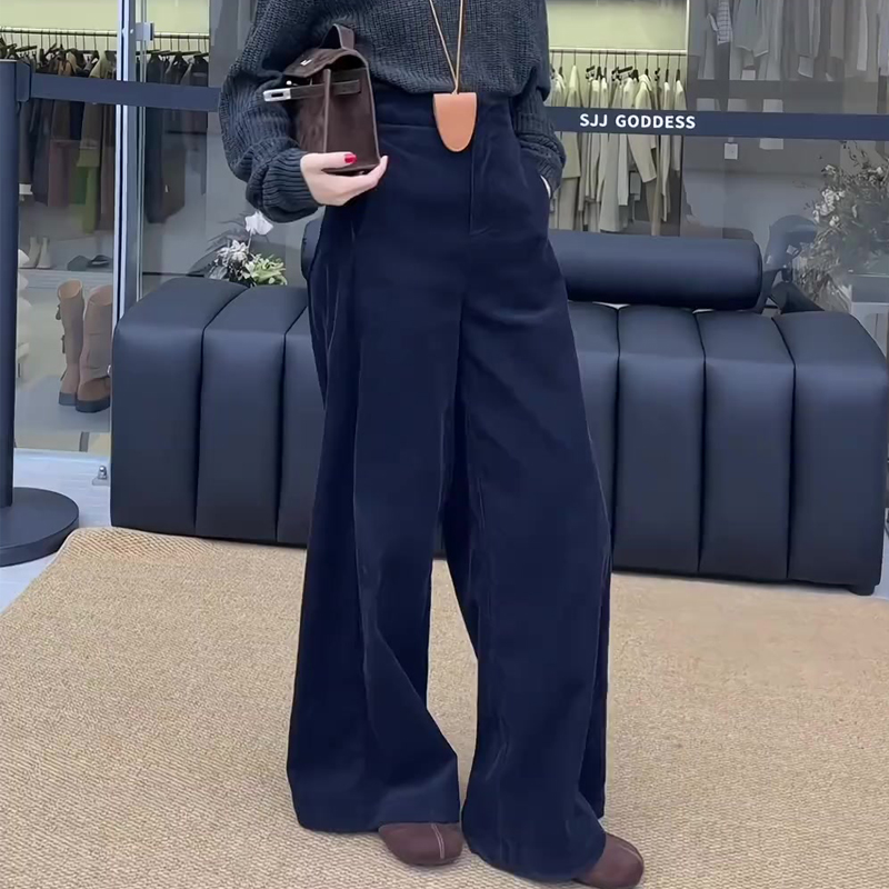 欧货高端定制藏青色大码阔腿裤女