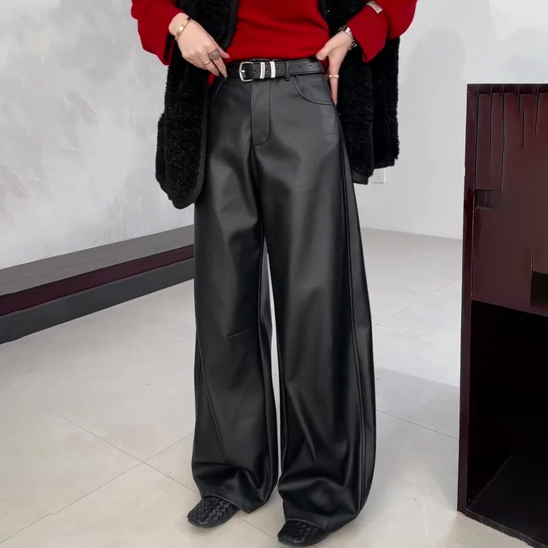 欧货高端定制黑色大码阔腿pu皮裤女2025冬季新款加厚慵懒风休闲裤,女装/女士精品,大码裤装,淘宝优惠券,粉丝福利购,淘宝优惠卷