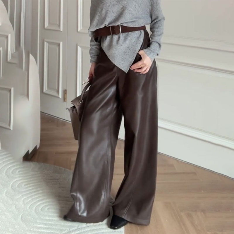 欧货高端定制棕色大码阔腿皮裤女