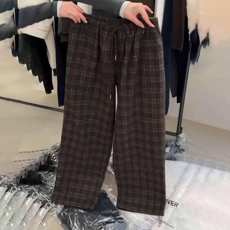 高端定制咖色格纹大码阔腿裤女
