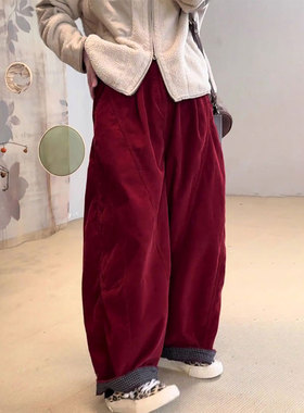 欧货高端定制红色大码阔腿裤女2025秋冬加厚宽松设计感慵懒弯刀裤