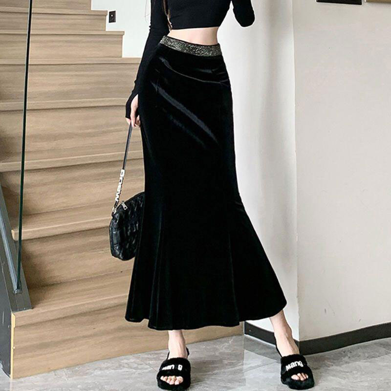 高端定制黑色丝绒大码半身裙女