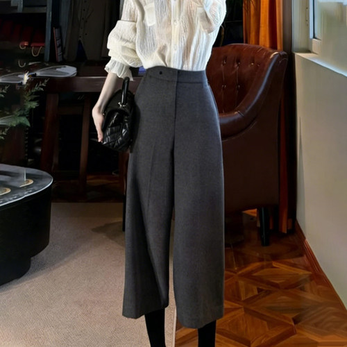 欧货高端定制灰色毛呢大码阔腿裤