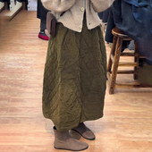 新款 高端定制军绿色菱格大码 半身裙2025冬季 宽松休闲风减龄花苞裙