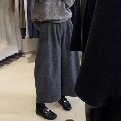 欧货高端定制灰色毛呢大码阔腿裤