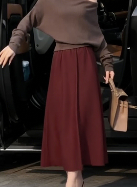 欧货高端定制深红色大码半身裙女2025冬季新款加厚轻熟风A字裙子
