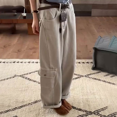 欧货高端定制卡其色大码阔腿裤女