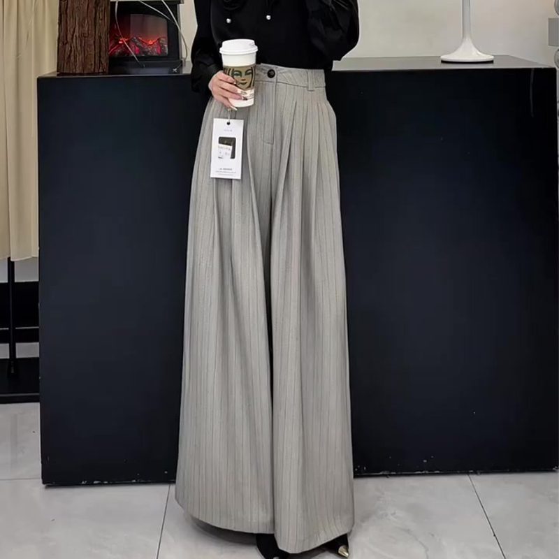 欧货大牌浅灰色高腰条纹阔腿裤女