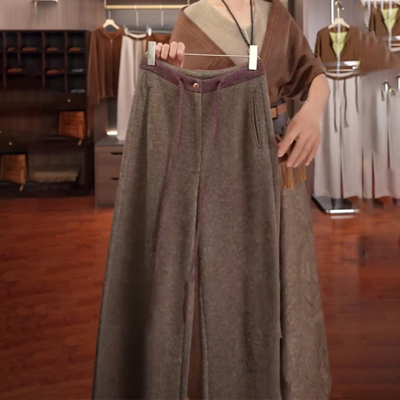 欧货高端定制沙色毛呢大码阔腿裤女2025冬季新款加厚慵懒风休闲裤,女装/女士精品,大码裤装,淘宝优惠券,粉丝福利购,淘宝优惠卷