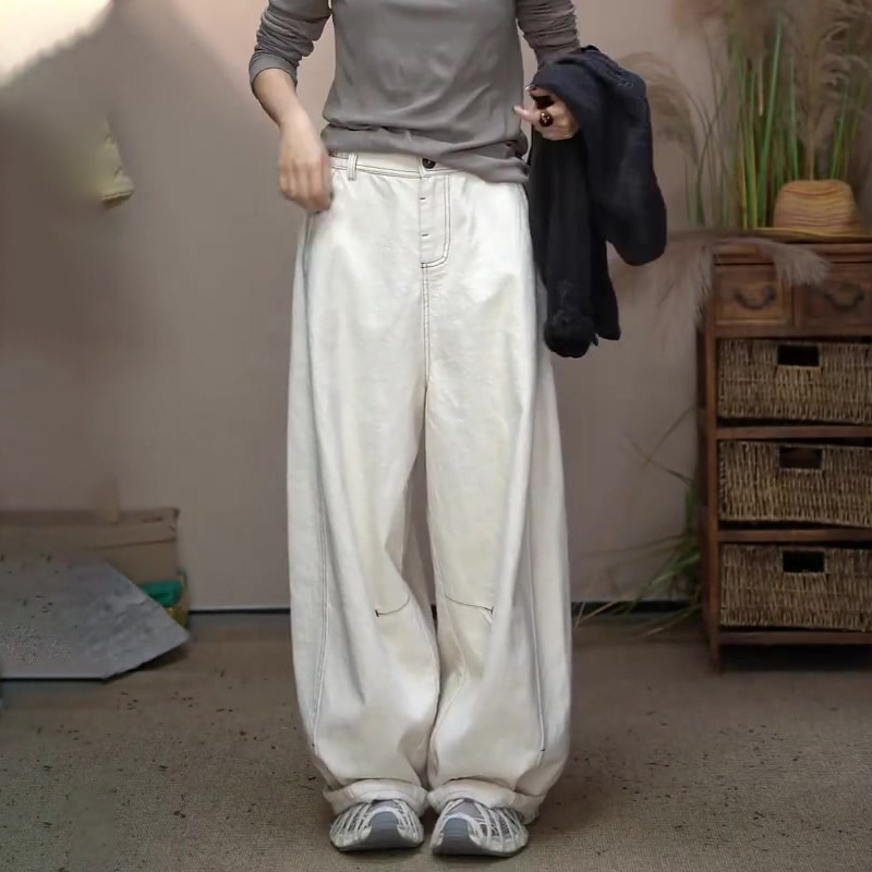 欧货高端定制白色大码松弛阔腿裤女2025秋冬新款加厚慵懒风弯刀裤,女装/女士精品,大码裤装,淘宝优惠券,粉丝福利购,淘宝优惠卷