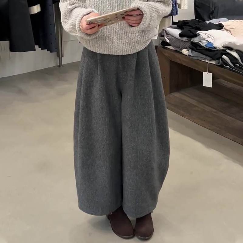 欧货高端定制灰色毛呢大码阔腿裤
