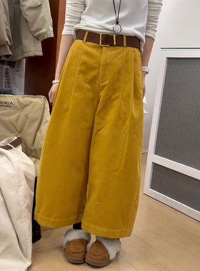 欧货高端定制黄色大码阔腿裤女2025冬季新款加厚慵懒风宽松休闲裤