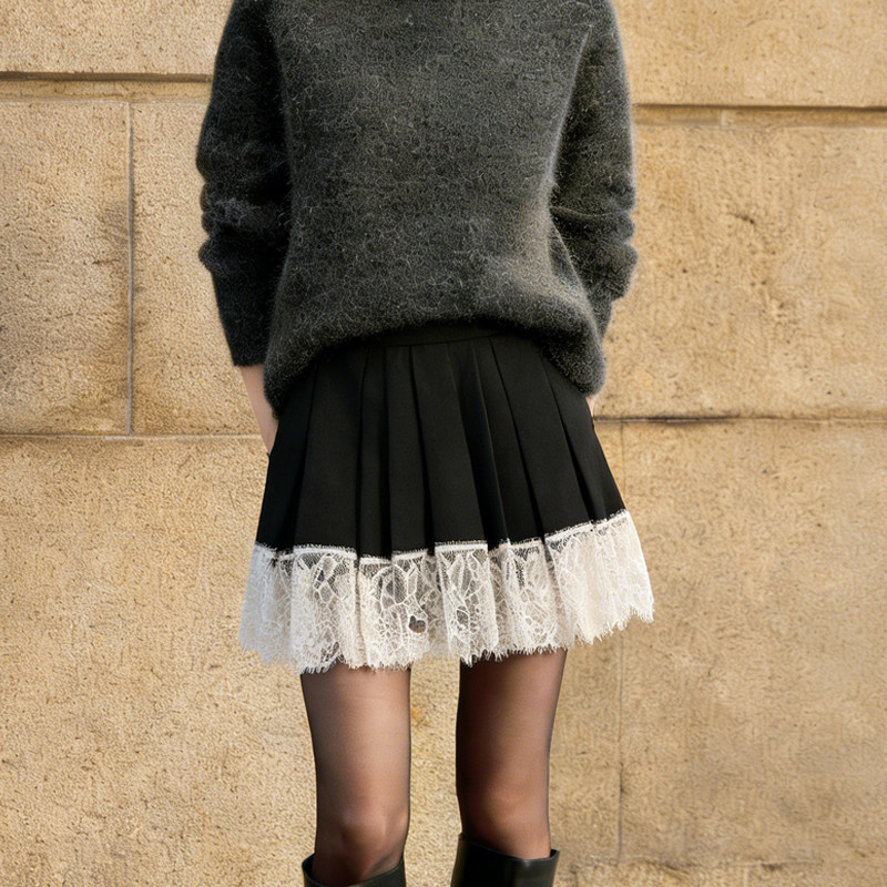 欧货高端定制黑色毛呢大码半身裙女2026早春新款蕾丝拼接百褶裙子,女装/女士精品,大码半身裙,淘宝优惠券,粉丝福利购,淘宝优惠卷