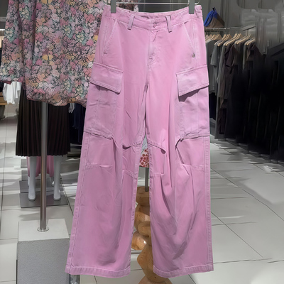 欧货高端定制粉色大码工装阔腿裤