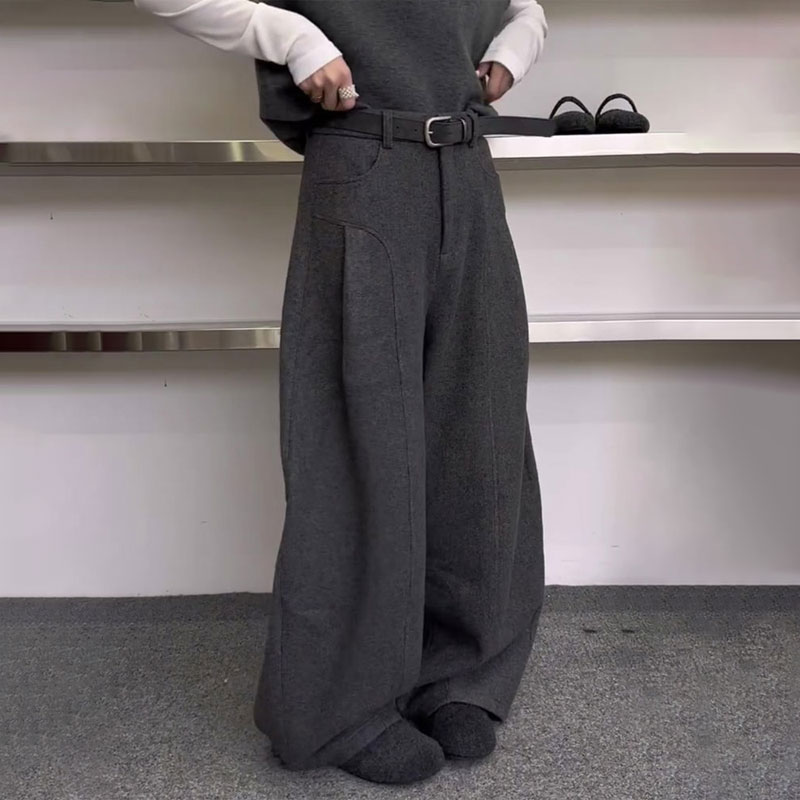 高端定制灰色毛呢大码阔腿裤女