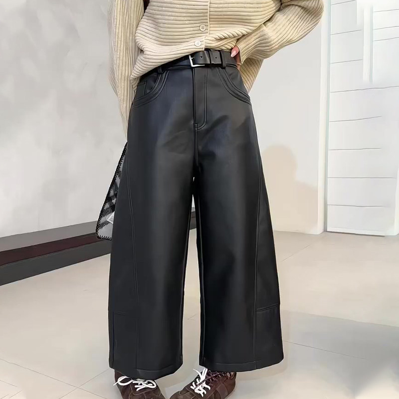 欧货高端定制黑色大码阔腿pu皮裤