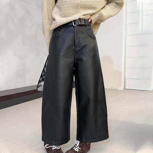 欧货高端定制黑色大码阔腿pu皮裤