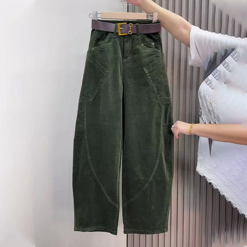 欧货高端定制军绿色灯芯绒大码阔腿裤女2025秋冬新款加厚休闲裤子