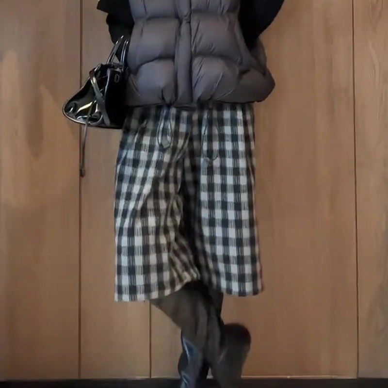 欧货高端定制灰色格纹大码阔腿裤