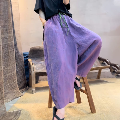 紫色休闲亚麻阔腿长裤女2026春夏