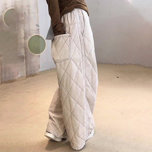几何风休闲裤 新款 子 女2025冬季 欧货高端定制灰白色棉麻菱格阔腿裤