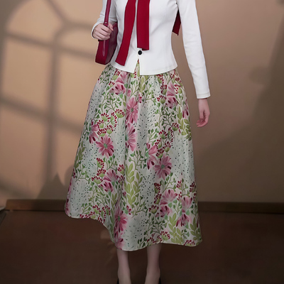 欧货高端定制复古碎花捏褶半身裙