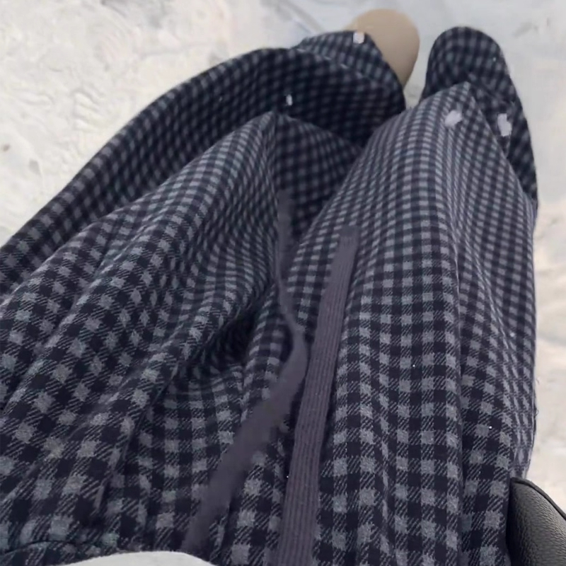 欧货高端定制黑灰复古格子大码阔腿裤女2025秋冬新款加厚休闲裤子